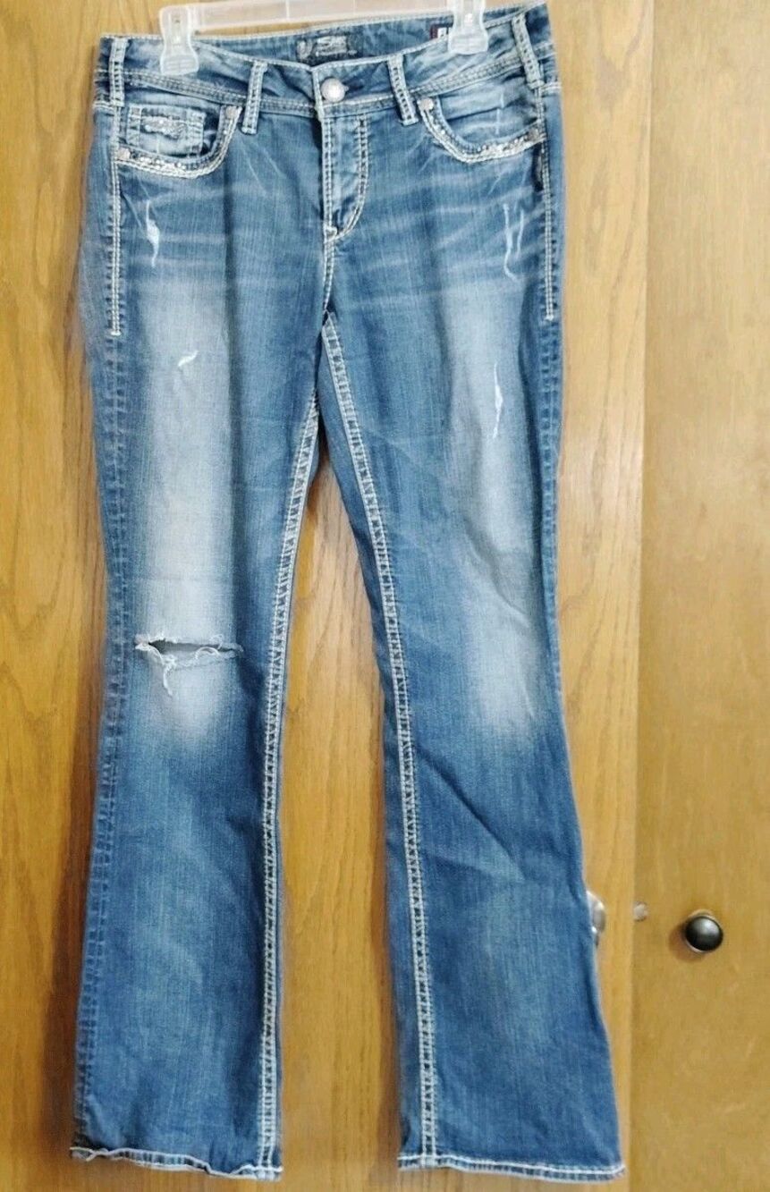 Silver Jeans Sz 32 L35 Suki Mid Slim Boot Stretch Blue Denim Distressed